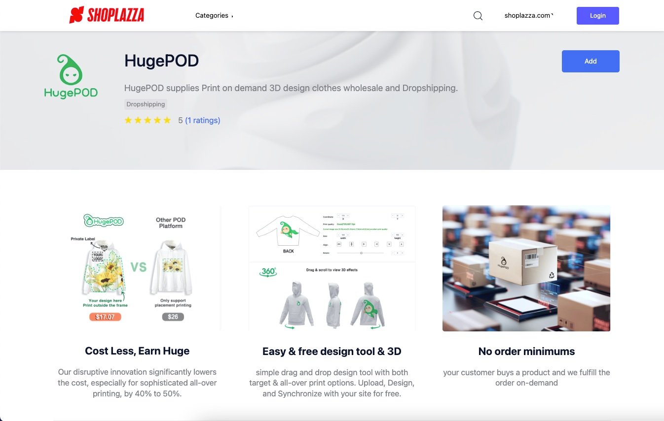 Screenshot of HugePOD's page on Shoplazza App Store. HugePOD is a resource for people who want to start an online business in Canada by launching a print-on-demand business.