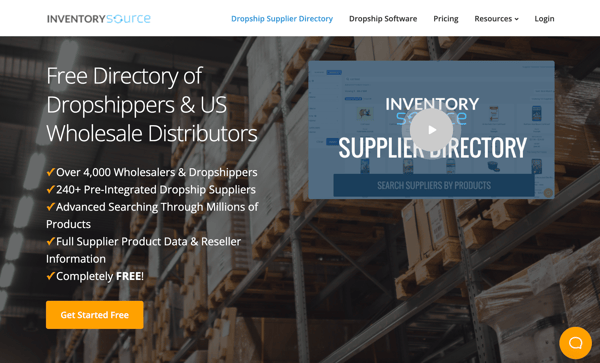Image from best dropshipping suppliers blog post shows Inventory Source's home page, where it reads, "Free Directory of Dropshippers and US Wholesale distributors."