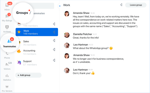 Screenshot shows Jivo Team Chat in use, with team members messaging each other. On the left side menu, there is an item called Teammmates, through which it's possible to chat with team members.