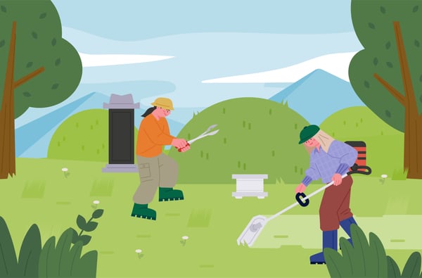 Illustration shows two young people in a green area. One is holding a lawn mower and the other is clipping a bush. They're both wearing gardening clothes and shoes. This image helps illustrate the potential of a lawn-care business as a good teenage business idea.