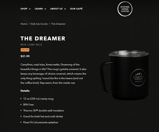 Screenshot of the product page of the Kicking Horse Coffee mug, as an example of how to make merch.