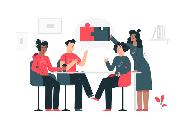 An ilustration of a team reunited, with one man and 3 women, wearing gray and red, with a puzzle in the middle, representing how to increase sales with collabs.