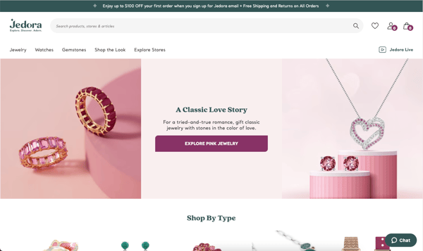 Screenshot shows Jedora's website, a marketplace to sell jewelry online.