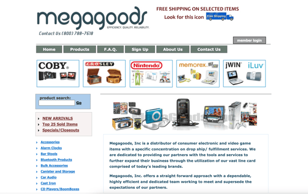 Image from blog post on how to find reliable dropshipping suppliers shows Megagoods' homepage, which displays products from brands like COBY and Nintendo.