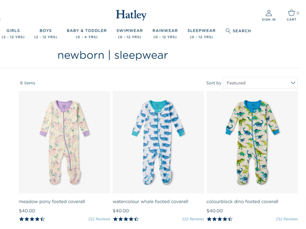 Screenshot shows three different options of the same product on Hatley, to explain how a t-shirt mockup would work.