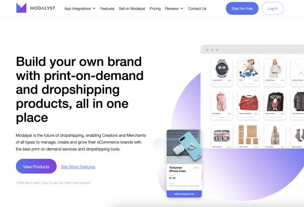 Screenshot shows Modalyst's home page, in which the headline reads, "Build your own brand with print on demand and dropshipping products, all in one place." Image is part of the article on the best dropshipping suppliers.