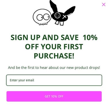 Image shows Morbid Mate's welcome popup, offering a 10% discount for people who sign up to their newsletter.