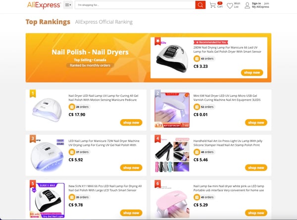 Screenshot of AliExpress' top ranking products shows nail dryers and nail polish for gel nails are the best-selling dropshipping products in the beauty category.
