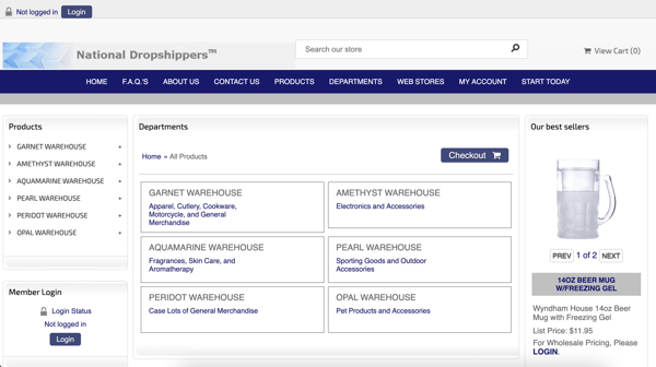 Screenshot of National Dropshippers' website, where there are six different warehouses, each with different product categories. This image illustrates Shoplazza's article on best dropshipping suppliers.