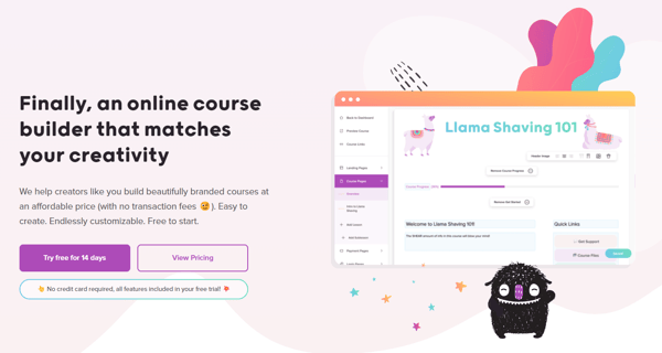 Teachery webpage in tones of red, pink, purple and beige, displaying a product description, button for pricing, sign up, and illustrations of llamas and other elements. The webpage is representing how to create an online course at an online course platform.