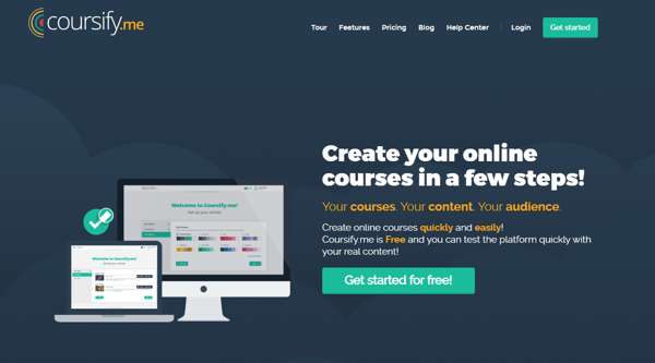 The webpage of coursify as an example of online course platform. The webpage is in tones of blue, orange and white, with the illustration of a computer, sign up button and description, representing how to create an online course.