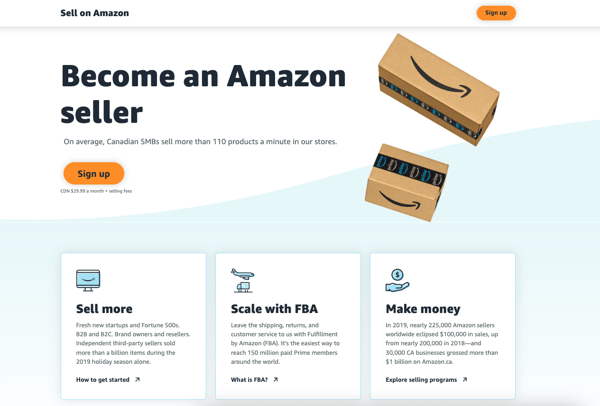 Amazon's subscription webpage to sell products with them, with sign up buttons and other information, representing an example of what is an e-business.