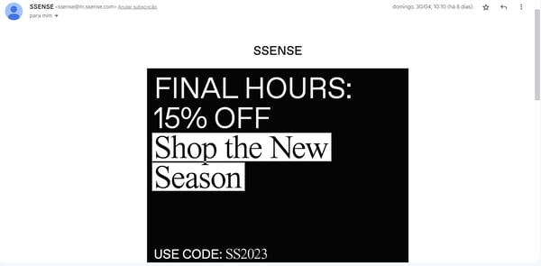 SSENSE's sale email with coupons, as an example of how brands can leverage from email marketing to their order fulfillment, sales and branding strategies.