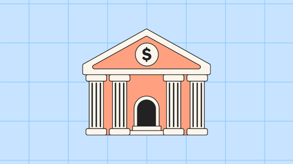 Our article conclusion image, a bank in pink and white tones over a blue background, representing overhead costs.