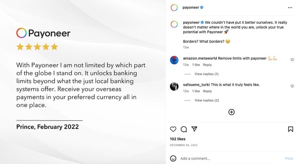 Screenshot shows a post on Payoneer's Instagram account where they published a review written by a user in February 2022. Posting reviews is part of Payoneer's content marketing strategy.
