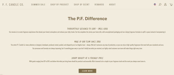 P.F. Candle Co.'s extra Unique Selling Propositions, representing how business can create ways to enhance their USP.