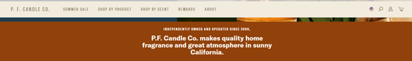 The header of P.F. Candle Co.'s website, with their USP highlighted in a brown background, representing how a Unique Selling Proposition can help business to guide customers through their products.