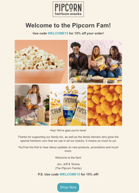Image shows Pipcorn's welcome email, offering a discount code for 15% off.