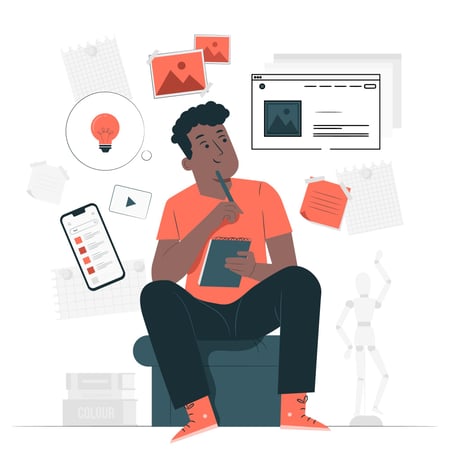 Illustration shows a young person sitting down, surrounded by images that allude to planning and ideas: a few pictures, a web browser, a smartphone and a thought bubble with a lightbulb inside it. The person is holding a notepad and a pen. This image helps show how important it is to plan your business ideas for teens.