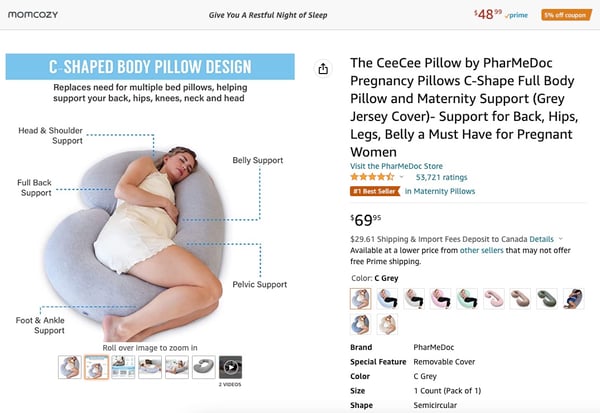 Screenshot shows pregnancy pillows as the best dropshipping products. In the screenshot, there is an Amazon listing for a pregnancy pillow. The product name is The CeeCee Pillow by PharMeDoc Pregnancy Pillows C-Shape Full Body Pillow and Maternity Support (Grey Jersey Cover) - Support for Back, Hips, Legs, Belly a Must Have for Pregnant Women. The listing has a #1 Best Seller tag.