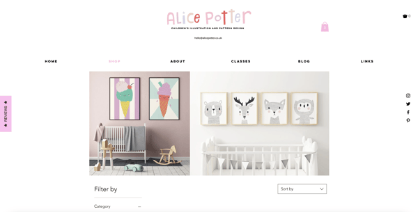 Alice Potter's website, representing a print-on-demand business with offers for different niches, such as products for kids.