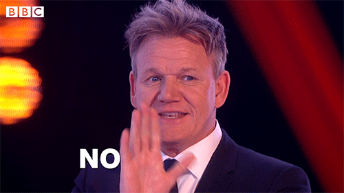 Gif shows Gordon Ramsay saying the words "No pressure" in reference to product launch ideas.