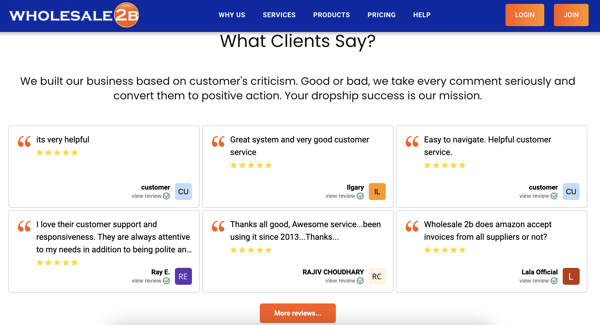 Screenshot of Wholesale2B's website shows a section called "What clients say", which includes several reviews. This image is to show the importance of checking reviews in supplier directories in order to find the best dropshipping suppliers.