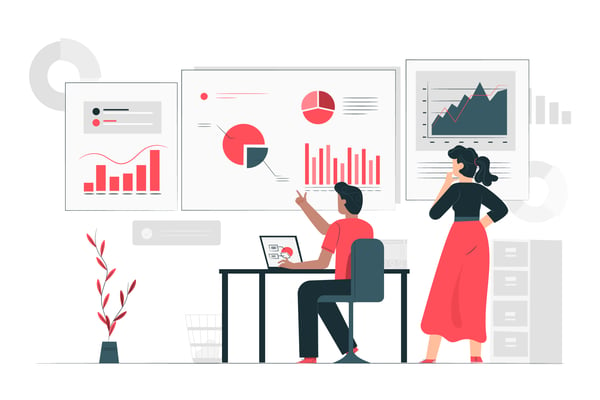 An illustration of a man and a woman looking to charts in an office, thinking how to increase sales