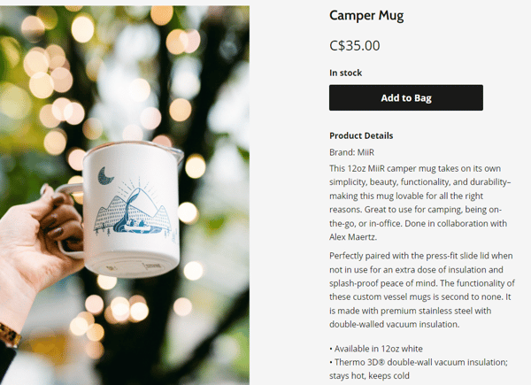 Screenshot shows the product page of Blenz Coffee mug, as an example to make your own merch.