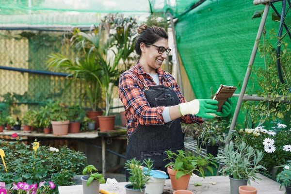 Photo shows a woman who works in a plant store, holding a tablet and taking pictures of the plant with it, illustrating the section on selling plants online on social media.