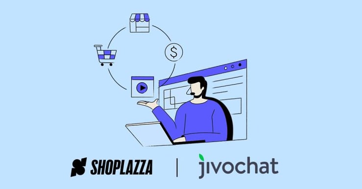 Cover image shows Shoplazza and Jivochat logos and an illustration of a person, sitting in front of a laptop, wearing a headset.
