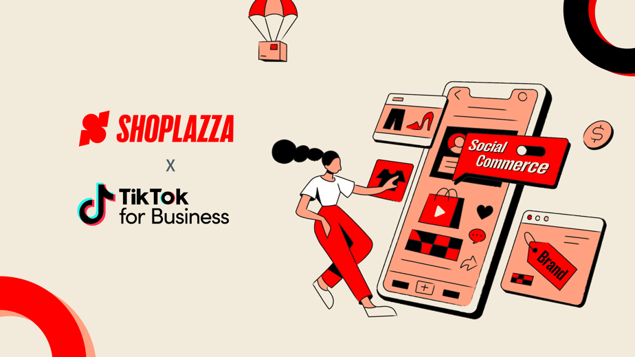Cover image shows Shoplazza's and TikTok For Business' logos, next to an illustration of a woman standing near an oversized smartphone, where the words "social commerce" are written.