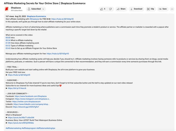 Screenshot shows the video description for one of Shoplazza's videos on YouTube, which includes links to our social media and the topics covered in the video. This photo is part of the blog post on how to make money on YouTube.