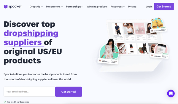 Image from best dropshipping suppliers article shows Spocket's home page, where it reads, "Discover top dropshipping suppliers of original US/EU products."