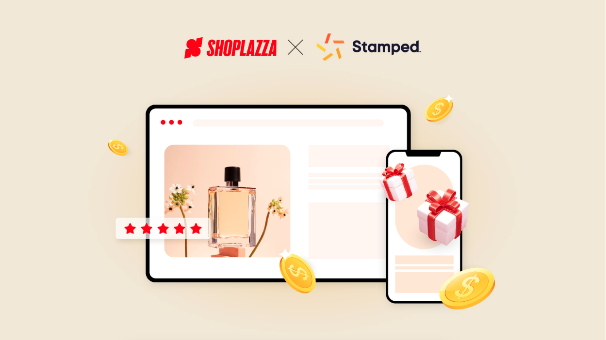 Cover image shows Shoplazza and Stamped logos next to each other, along with an illustration of a computer and a phone screen with five stars, alluding to product reviews.
