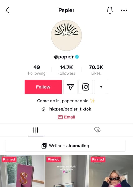 Screenshot shows Papier's TikTok account, where they have a linktree link in their bio. Adding links to your bio is a strategy on how to make money on TikTok.