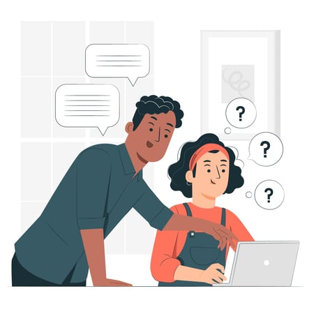Illustration shows a young person standing over another person who's looking at a laptop. There are speech bubbles over the tutor's head, whereas the student still has question marks floating over their head. This image helps illustrate tutoring as one of the best business ideas for teens.