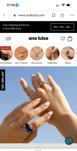 Screenshot shows Ana Luisa's website in its mobile version, to ensure customers will have a quality customer experience no matter what device they use.