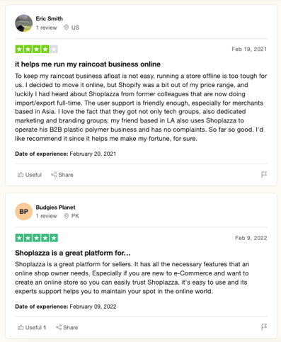 Screenshot shows two Shoplazza reviews from the website Trustpilot, one with 4 stars and one with 5.