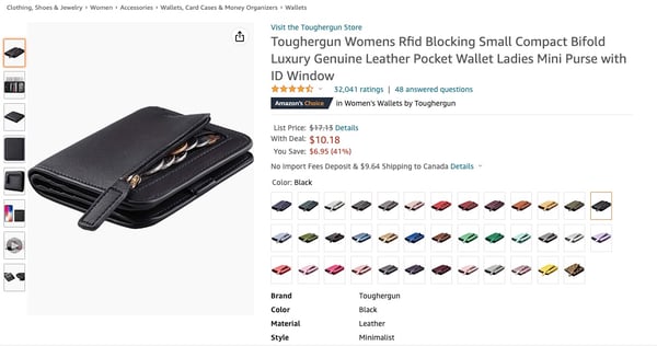Screenshot shows a listing on Amazon for a RFID-blocking wallet. Product name is: Toughergun Womens Rfid Blocking Small Compact Bifold Luxury Genuine Leather Pocket Wallet Ladies Mini Purse with ID Window. Listing offers the wallet in dozens of different colors. This photo helps illustrate why RFID-blocking wallets are some of the best products for dropshipping.