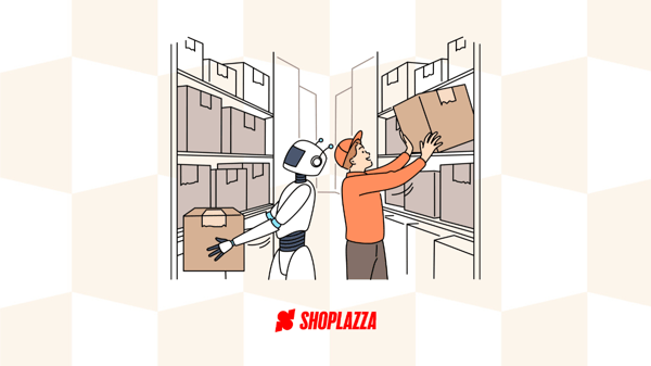 Our blog cover, with a robot and a human organizing an inventory, representing what is SKU and how it is a tool to help online merchants.