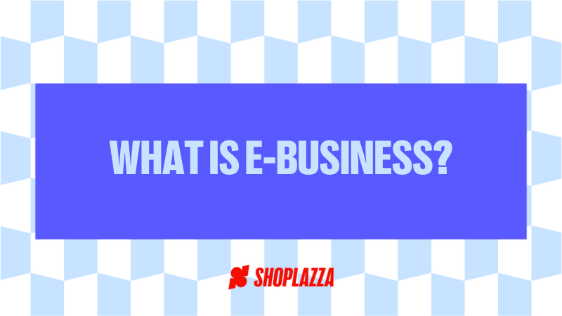 Our cover, in a background filled with blue and white squares and a rectangle with the tittle "what is e-business?"