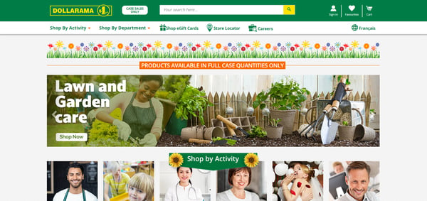 The webpage of Dollarama, in beige and green tones, with a menu filled with different product categories and banners, representing the meaning of retail and retailers.