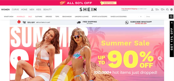 SHEIN's webpage, with tones of pink and picture of women wearing beach clothes, representing SHEIN as an online retail business.