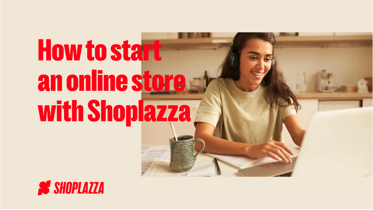 Cover image with the words How to start an online store with Shoplazza, Shoplazza logo and a photo of a woman with long hair, sitting at a table and using a laptop.