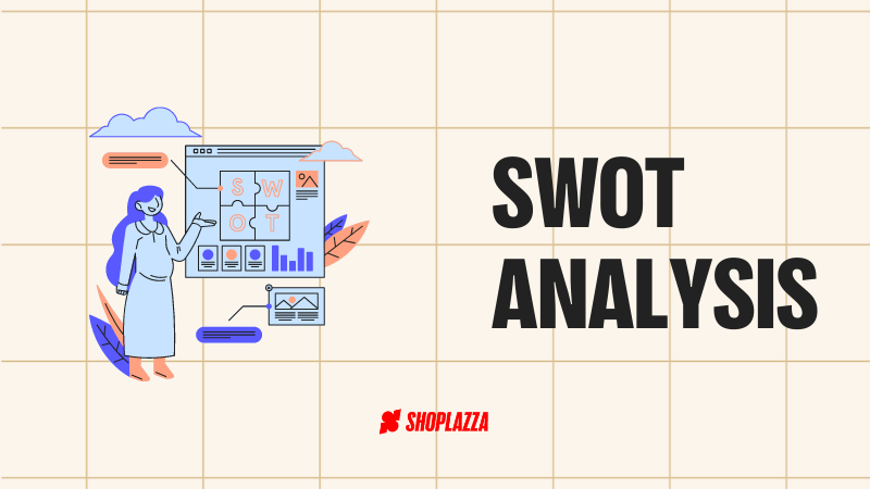 Our SWOT analysis blog cover with the title and an illustration of a woman presenting the SWOT analysis matrix in a screen.