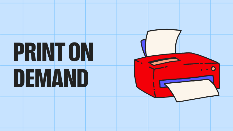 print-on-demand blog cover, with the title written in black and an illustration of a red printer over a blue background.